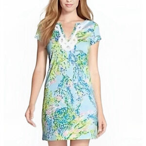 Lilly Pulitzer Brewster Green Blue Ocean Print 100% Pima Cotton Dress Size Small